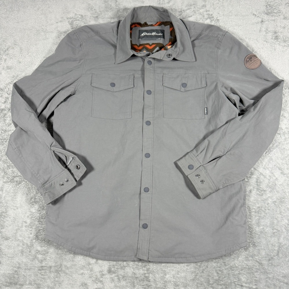 Eddie Bauer Mens Large Shirt Jacket Gray Fleece Lined Snap Front Aztec Print